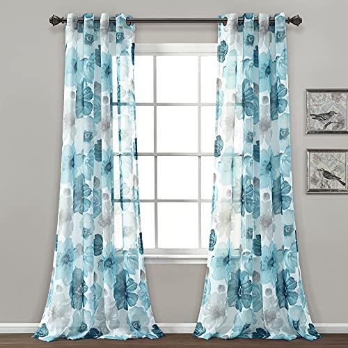 Lush Decor Leah Set di tende trasparenti per finestra, motivo floreale, 2 pezzi, 132 x 213 cm (larghezza x lunghezza), colore: blu