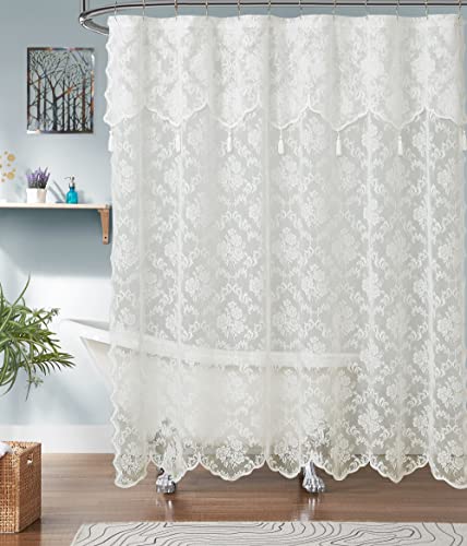 ASATEX Tenda da doccia in pizzo color avorio. 183 x 213 cm, design floreale classico, con mantovana attaccata e nappe. Tende da doccia convenienti rendono qualsiasi bagno elegante. MIS 183,9 x 213,4