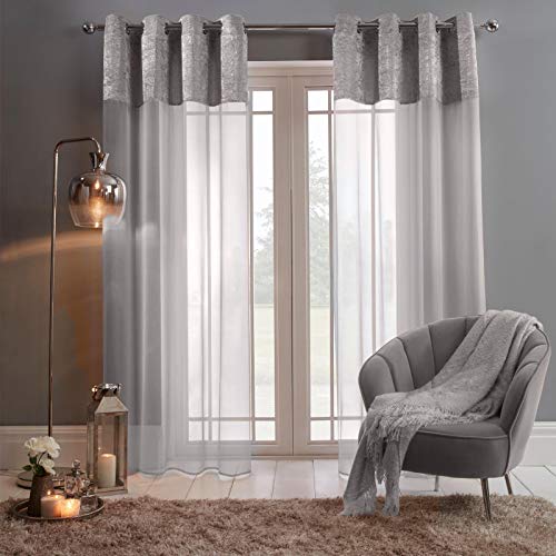 Sienna Coppia di tende in velluto riccio, voile, tulle e pizzo, con parte superiore con occhielli, grigio argento, 140 cm di larghezza x 226 cm di lunghezza