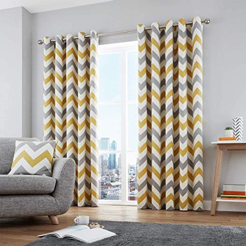 Fusion A Zigzag Chevron-Coppia di Tende con Occhielli, 100% Cotone, pronte all'Uso, Ochre, Curtains: 66" Width x 72" Drop (168 x 183cm)