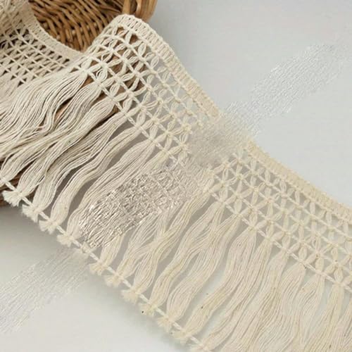 LOJTLPRT Tenda for armadio, tende for caffè, 2 iarde 10 cm di larghezza Tenda con frange e nappe in cotone Decorazione tessile for la casa Nastro di pizzo di cotone Tessuto di pizzo for indumenti 5BB5466-Beige