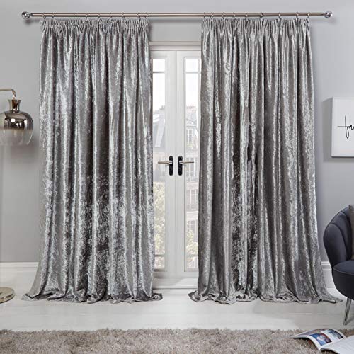 Sienna Coppia di tende in velluto riccio plissettato a matita, completamente foderate, con nastro termico, 116,8 x 228,6 cm, colore: grigio argento