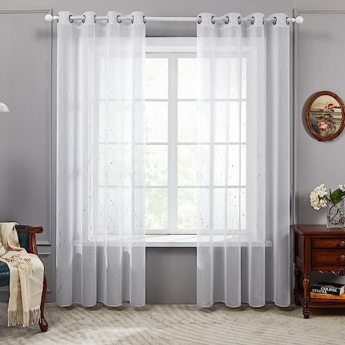 Deconovo Tende per Interni Finestre Soggiorno 140x215 CM 2 Pezzi, Tende Voile Trasparenti Stampate Puntini per Cameretta Bambini Eleganti, Bianco-Puntini