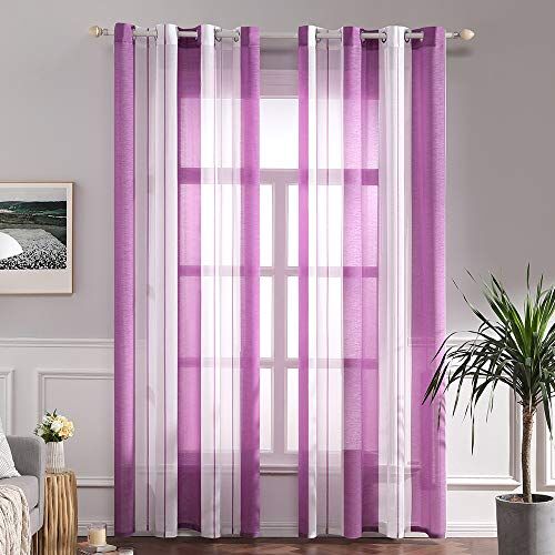 MIULEE Tende a Righe per Interni, Tende Trasparenti in Voile Tende Camera da Letto, Tenda Salotto Moderne con Anelli, Tenda a Pannello da Interno Finestra a Righe Bianche e Viola Rosso, 2x 140x215 CM