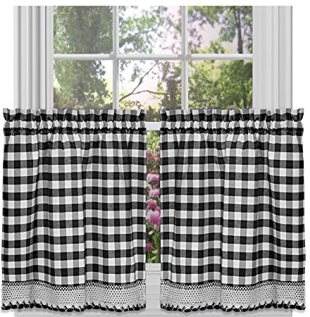 Achim Home Furnishings Buffalo Check Kitchen Curtain Tier, Black/White, 58 x 36-inch, Set of 2