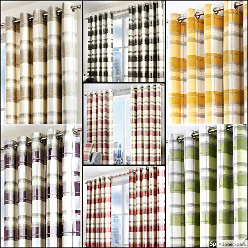 Fusion Controllo Balmoral Check-Coppia di Tende con Occhielli, Cotone, Ochre, Curtains: 66 Width x 54 Drop (168 x 137cm)