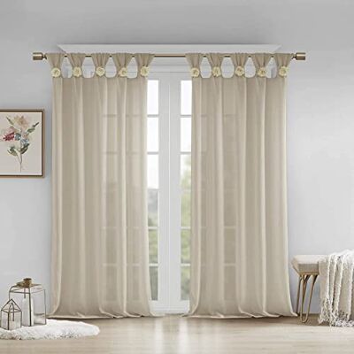 Madison Park Tenda a pannello trasparente a tinta unita con rosette e polsini decorati con motivo floreale, per camera da letto, soggiorno e dormitorio, 127 x 213,4 cm, lino Madison Park Tenda a pannello trasparente a tinta unita con rosette e polsini decorati con motivo floreale, per camera da letto, soggiorno e dormitorio, 127 x 213,4 cm, lino
