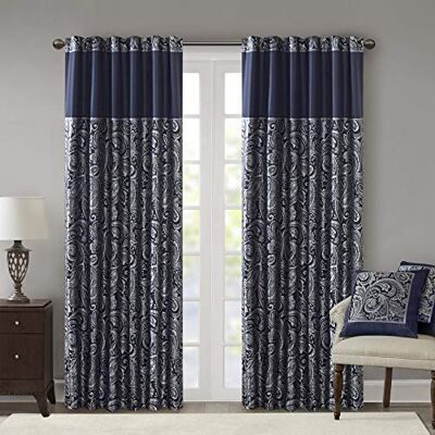 Madison Park Aubrey Jacquard Rod Pocket Valance, Classic Elegant Silk Paisley Valances for Windows, 50X18, Blue, blu navy, 50x108 Madison Park Aubrey Jacquard Rod Pocket Valance, Classic Elegant Silk Paisley Valances for Windows, 50X18, Blue, blu navy, 50x108