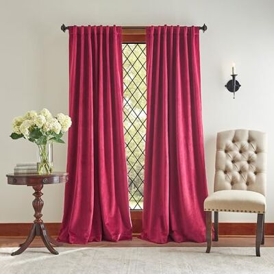 Martha Stewart Lucca Coppia di tende oscuranti in velluto con linguetta posteriore, 213,4 cm, color melograno Martha Stewart Lucca Coppia di tende oscuranti in velluto con linguetta posteriore, 213,4 cm, color melograno
