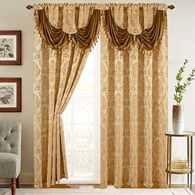 Elegant Comfort Set di 2 tende effetto jacquard con mantovana a cascata attaccata, 137 x 213 cm, oro/cammello Elegant Comfort Set di 2 tende effetto jacquard con mantovana a cascata attaccata, 137 x 213 cm, oro/cammello