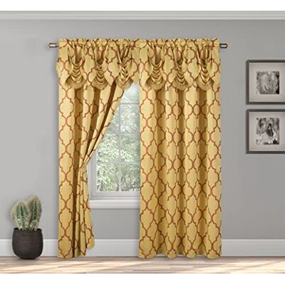 Elegant Comfort Set di 2 tende effetto jacquard con mantovana a cascata attaccata, 137 x 213 cm, motivo quadrifoglio, oro Elegant Comfort Set di 2 tende effetto jacquard con mantovana a cascata attaccata, 137 x 213 cm, motivo quadrifoglio, oro