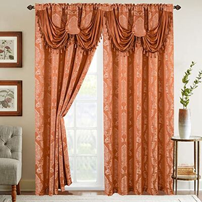 Elegant Comfort Set di 2 tende a pannello effetto jacquard con mantovana a cascata attaccata, 150 x 200 cm, colore fard e corallo Elegant Comfort Set di 2 tende a pannello effetto jacquard con mantovana a cascata attaccata, 150 x 200 cm, colore fard e corallo
