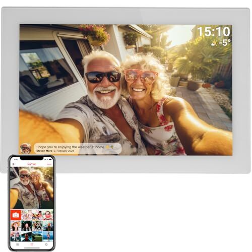 Denver Cornice digitale  PFF-1037WHITE. Touchscreen in vetro da 10,1 pollici. Wi-Fi. Timer. Software fotografico per inviare foto dall'app alla cornice. 16 GB. Risoluzione: 1280x800. Bianco.