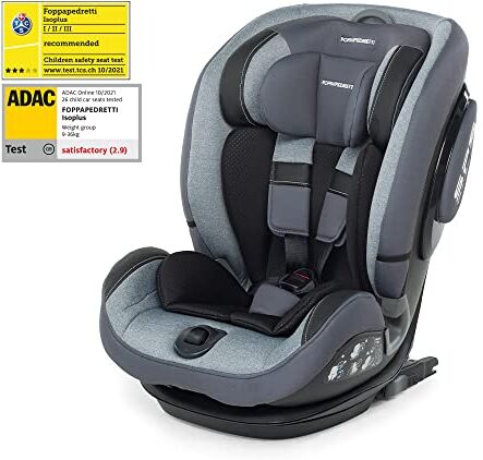 Foppapedretti Seggiolino Auto IsoPlus, Gruppo 1/2/3 (9-36 Kg), per bambini da 9 mesi a 12 anni, Fissaggio Dualfix (Isofix e non), conforme ECE R44, Sistema Protezione Impatto Laterale, Silver