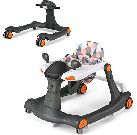 LIFEZEAL 2 in 1 Girello per Bambini 6-18 Mesi, Primi Passi, Baby Walker, Carrellino, Altezza, Velocità Regolabili, Pieghevole, Portatile, con Luce, Musica, Imparare a Camminare, Max 15 kg, Nero