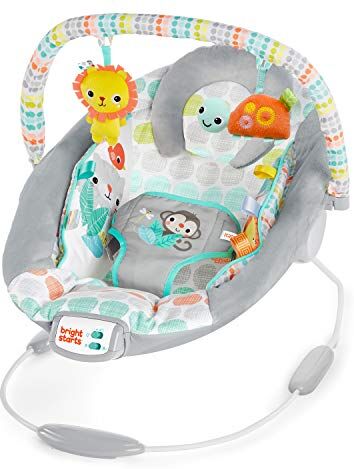 Bright Starts , Sdraietta per bambini, seggiolino per neonati con vibrazioni calmanti taggies, musica, barra di giocattoli rimovibile, 0-6 mesi fino a 9 kg (Whimsical Wild)