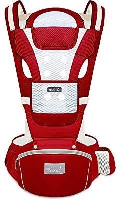 SONARIN Marsupio Neonati Traspirante con Sedile per Bambini da 0-36 Mesi, Puro Cotone Portantina Ergonomico per Bebè, Multiposizione, Dimensioni Regolabili, Fino a 30 KG(Rosso)