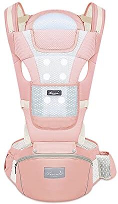 SONARIN Marsupio Neonati Traspirante con Sedile per Bambini da 0-36 Mesi, Puro Cotone Portantina Ergonomico per Bebè, Multiposizione, Dimensioni Regolabili, Fino a 30 KG(Rosa)