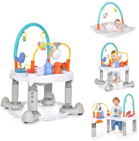 RELAX4LIFE Girello 4 in 1 con Tappetino da Gioco, Carrllo Primi Passi, Tavolo da Gioco, Regolabile a 3 Livelli con Sedile Girevole a 360°, 4 Ruote, per Bambini 0-24 Mesi