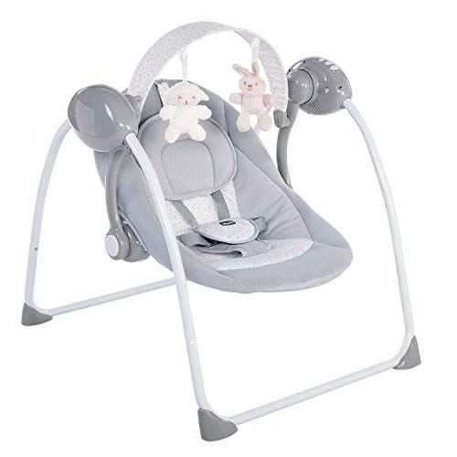 Chicco Relax&Play Altalena Elettrica Neonato da 0 Mesi a 9 Kg, Sdraietta Regolabile e Dondolo Automatico in 5 Velocità,Barra Giochi con 12 Melodie, 2 Peluches Rimovibili, Chiusura Compatta, Grigio Ghiaccio