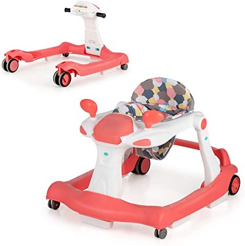 LIFEZEAL 2 in 1 Girello per Bambini 6-18 Mesi, Primi Passi, Baby Walker, Carrellino, Altezza, Velocità Regolabili, Pieghevole, Portatile, con Luce, Musica, Imparare a Camminare, Max 15 kg, Rosa