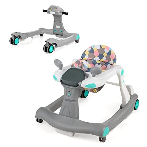 LIFEZEAL 2 in 1 Girello per Bambini 6-18 Mesi, Primi Passi, Baby Walker, Carrellino, Altezza, Velocità Regolabili, Pieghevole, Portatile, con Luce, Musica, Imparare a Camminare, Max 15 kg, Grigio