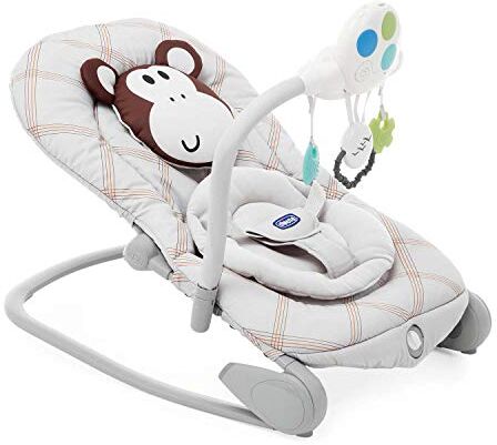 Chicco Balloon Sdraietta Neonati e Bambini Evolutiva 0 M-18 kg, Funzioni Dondolo Poltroncina, Schienale Reclinabile, Chiusura Compatta, Vibrazione, Gioco Elettronico Interattivo, Luci e Suoni, Monkey