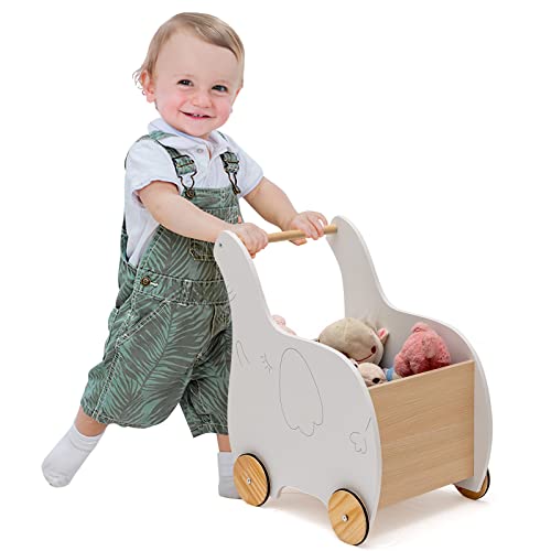 RELAX4LIFE Girello Primi Passi in Legno per Bambini, Carrellino Porta Giochi con Ruote in Gomma, Baby Walker per 1-3Anni (Bianco)