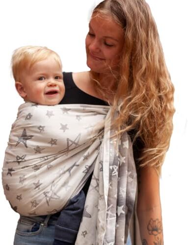 Hoppediz Ring-Sling, Fascia porta bebè per neonati e bambini con due anelli in alluminio, 0-36 mesi, 3-20 kg, Singapore grigio