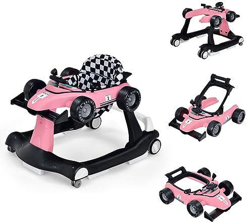 LIFEZEAL 4 in 1 Girello per Bambini 6-18 Mesi, Primi Passi, Baby Walker, Carrellino, Altezza, Velocità Regolabili, Trasformabile, Pieghevole, con Luce, Musica, Imparare a Camminare, Max15 kg, Rosa