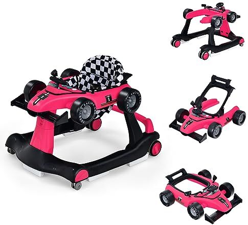 LIFEZEAL 4in1 Girello per Bambini 6-18Mesi, Primi Passi, Baby Walker, Carrellino, Altezza, Velocità Regolabili, Trasformabile, Pieghevole, con Luce, Musica, Imparare a Camminare, Max15 kg, Rosa Scuro