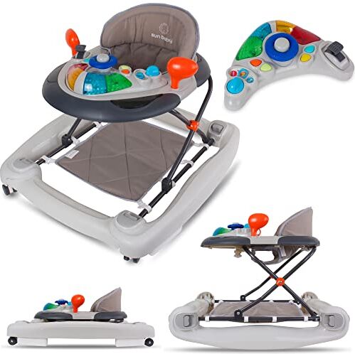 Sun Girello bambino, primi passi,con funzione swing, luce and Melodia, da 6 Mesi Fino a 12 kg, Seduta Imbottita, Rimovibile e Regolabile in Altezza (Grigio)