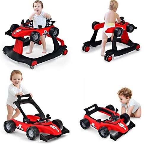 LIFEZEAL 4 in 1 Girello per Bambini 6-18 Mesi, Primi Passi, Baby Walker, Carrellino, Altezza, Velocità Regolabili, Trasformabile, Pieghevole, con Luce, Musica, Imparare a Camminare, Max15 kg, Rosso