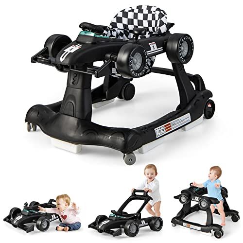 LIFEZEAL 4 in 1 Girello per Bambini 6-18 Mesi, Primi Passi, Baby Walker, Carrellino, Altezza, Velocità Regolabili, Trasformabile, Pieghevole, con Luce, Musica, Imparare a Camminare, Max15 kg, Nero