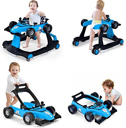 LIFEZEAL 4 in 1 Girello per Bambini 6-18 Mesi, Primi Passi, Baby Walker, Carrellino, Altezza, Velocità Regolabili, Trasformabile, Pieghevole, con Luce, Musica, Imparare a Camminare, Max15 kg, Blu