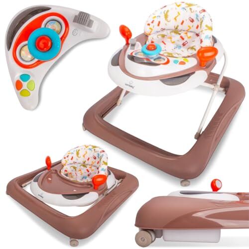 Sun Girello bambino, primi passi,con funzione swing, luce and Melodia, da 6 Mesi Fino a 12 kg, Seduta Imbottita, Rimovibile e Regolabile in Altezza (Marrone)