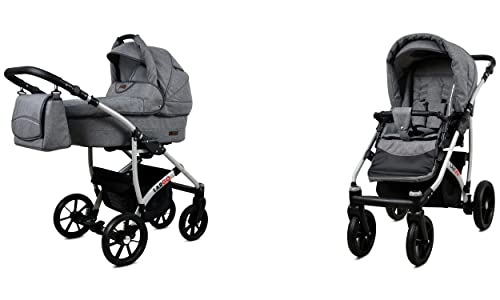 Babylux Passeggino Largo 2in1 Deep e Passeggino con Accessori Regolabile e Pieghevole Struttura in Alluminio Leggero 2 Opzioni di Montaggio Ruote Impenetrabili Grey Flex Silver Frame