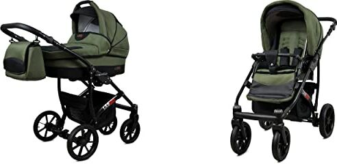 Babylux Passeggino Largo 2in1 Deep e Passeggino con Accessori Regolabile e Pieghevole Struttura in Alluminio Leggero 2 Opzioni di Montaggio Ruote Impenetrabili Olive Black Black Frame