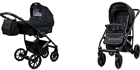 Babylux Passeggino Largo 2in1 Deep e Passeggino con Accessori Regolabile e Pieghevole Struttura in Alluminio Leggero 2 Opzioni di Montaggio Ruote Impenetrabili Black Black Frame