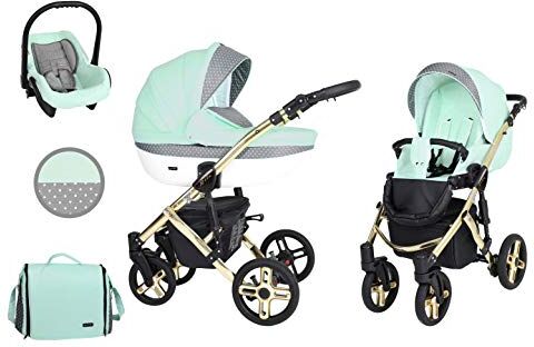 Kunert Passeggino per bambini 3 in 1 navicella carrozzina seggiolino auto  Mila Premium 3in1 passeggini (menta + pois + telaio d'oro, 3in1)