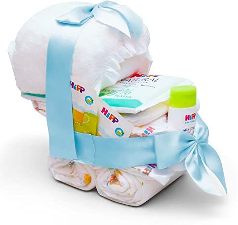 Milaboo ® Passeggino torta di pannolini con prodotti Hipp, blu, regalo per nascita o battesimo, torta di pannolini fatta a mano, per baby shower, made in Germany