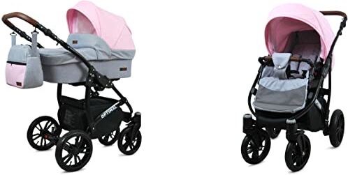 Babylux Passeggino Optimal 2in1 Deep e Passeggino con Accessori Regolabile e Pieghevole Costruzione in Alluminio Leggero 2 Opzioni di Montaggio Ruote Impenetrabili Light Pink Black Frame