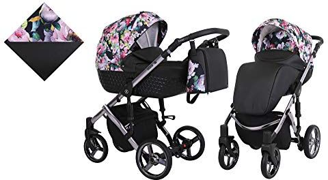 Kunert Passeggino per bambini 2 in 1 navicella carrozzina accessoti  Tiaro Premium 2in1 passeggini (nero + fiori + telaio in grafite, 2in1)