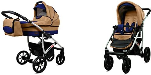 Babylux Passeggino Largo 2in1 Deep e Passeggino con Accessori Regolabile e Pieghevole Struttura in Alluminio Leggero 2 Opzioni di Montaggio Ruote Impenetrabili Coffe Sailor Blue Silver Frame