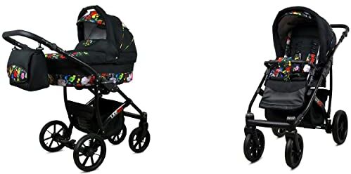 Babylux Passeggino Largo 2in1 Deep e Passeggino con Accessori Regolabile e Pieghevole Struttura in Alluminio Leggero 2 Opzioni di Montaggio Ruote Impenetrabili Garden Flowers Black Frame