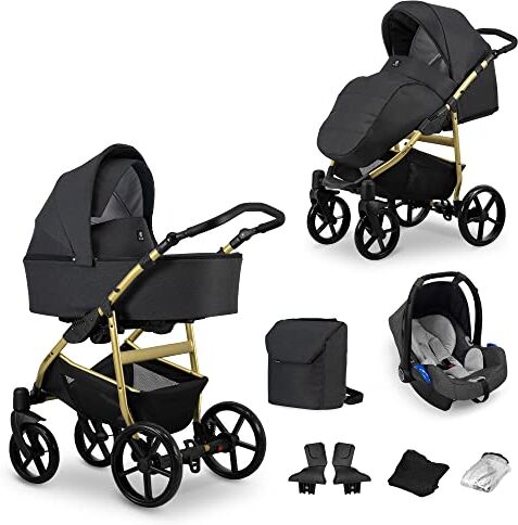 Kunert Passeggino per bambini 3 in 1 et 2 in 1 navicella carrozzina seggiolino auto  MATA 3in1 et 2in1 passeggini (3 in 1, grafite + telaio d'oro)