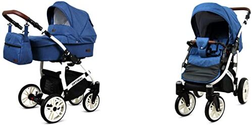 Babylux Passeggino Optimal 2in1 Deep e Passeggino con Accessori Regolabile e Pieghevole Costruzione in Alluminio Leggero 2 Opzioni di Montaggio Ruote Impenetrabili Blue Flex White Frame