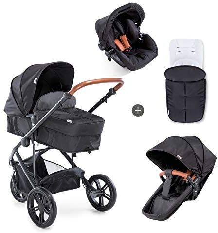 Hauck Passeggino Completo 3 Ruote Pacific 3 Shop N Drive Navicella Convertibile in Seduta Reversibile, Ovetto e Copri Gambe Incluso, Regolabile In Altezza, Grandi Ruote, Leggero, Nero