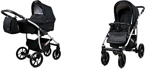 Babylux Qbaro Passeggino 2in1 Deep e Passeggino con Accessori Regolabile e Pieghevole Costruzione in Alluminio Leggero 2 Opzioni di Montaggio Ruote Impenetrabili Impermeabili Onyx