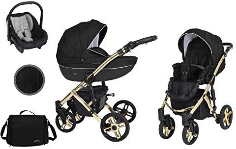 Kunert Passeggino per bambini 3 in 1 navicella carrozzina seggiolino auto  Mila Premium 3in1 passeggini (nero + telaio d'oro, 3in1)